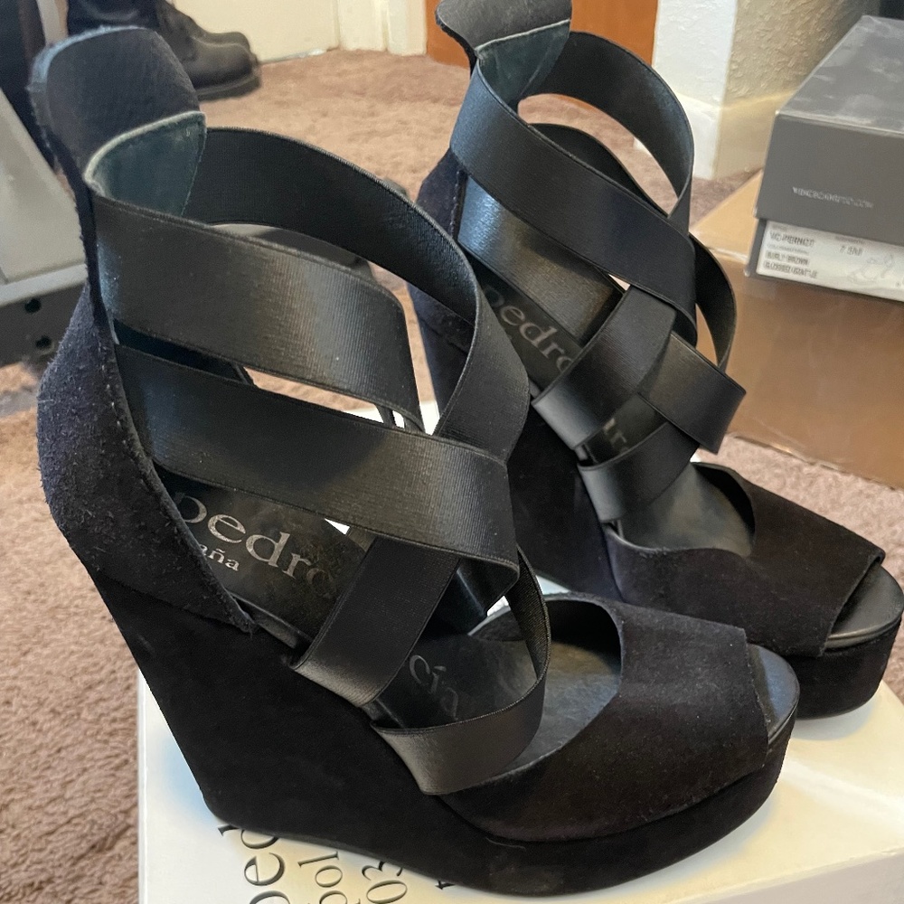 Pedro Garcia Black Suede Stretch Elastic Alba Wedge Sandals-NIB